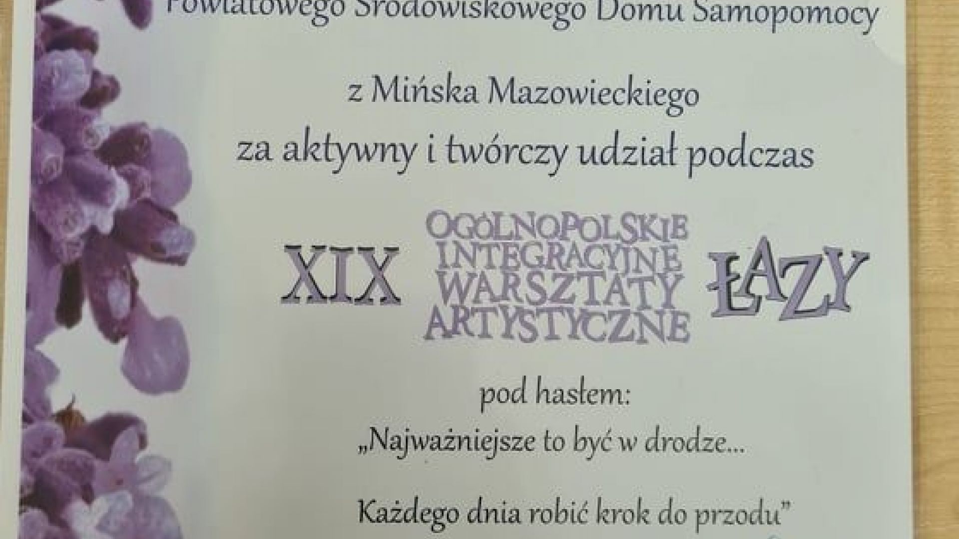 Dyplom za aktywny udział w warsztatach artystycznych w Łazach otrzymany przez Uczestników naszej placówki