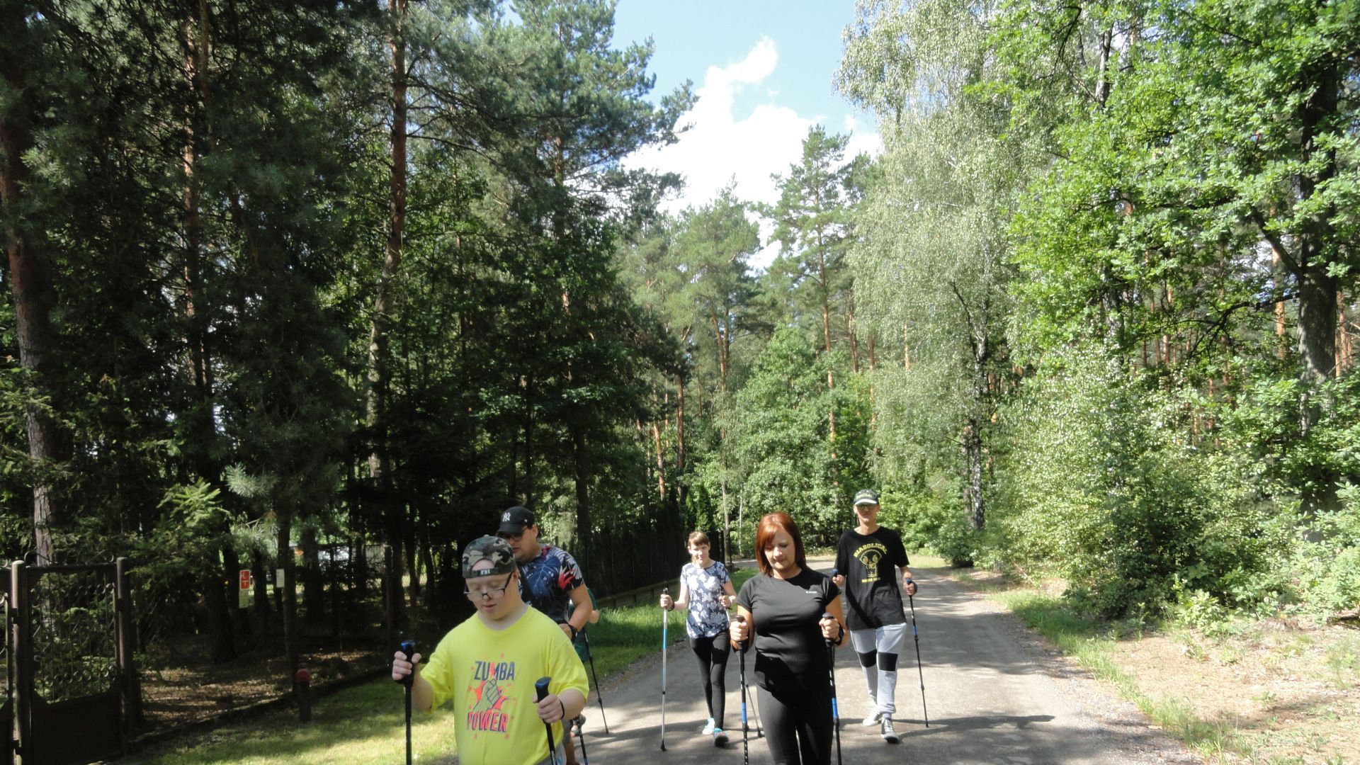 Uczestnicy wraz z terapeutą maszerują leśną ścieżką z kijkami nordic walking. 